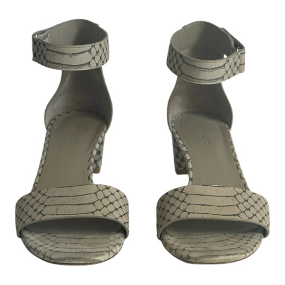 Vince Snakeskin Leather Block Heel Sandals 6.5 Beige Gray Ankle Strap Vero Cuoio - Picture 3 of 10